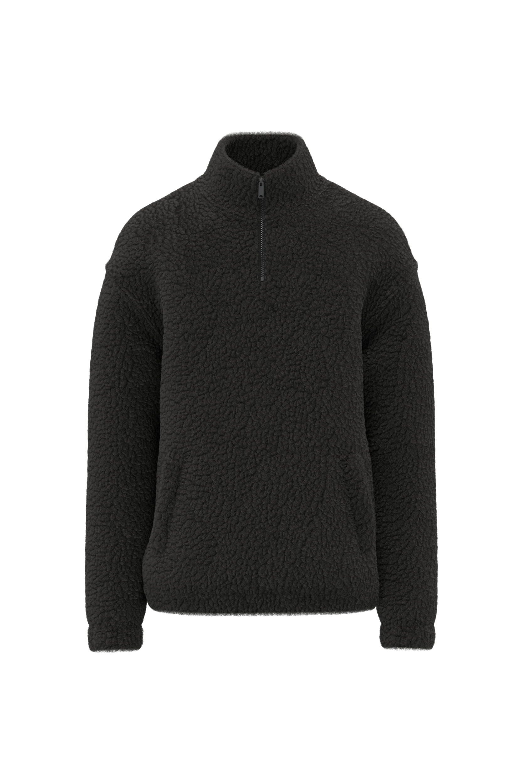 Uniseks sweater van sherpa met kwartrits en afhangende schouders